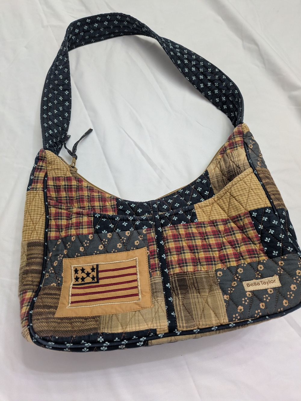 Bella Taylor Quilted Patchwork Shoulder Bag in Navy and Tan